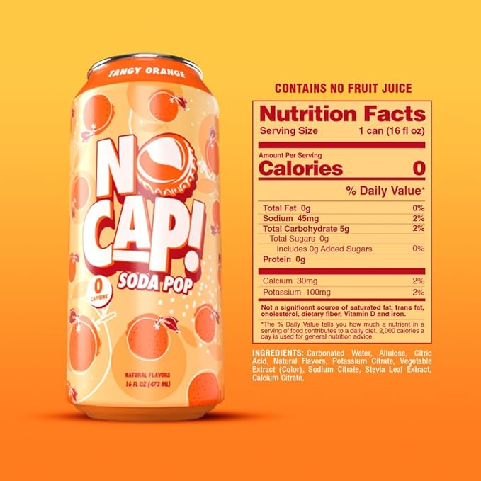 No Cap! Healthy Soda Alternative, Natural Allulose, Zero Sugar, Zero Calorie, Caffeine Free, | Hydrating Electolytes, Natural Flavors 16 oz. (Orange)