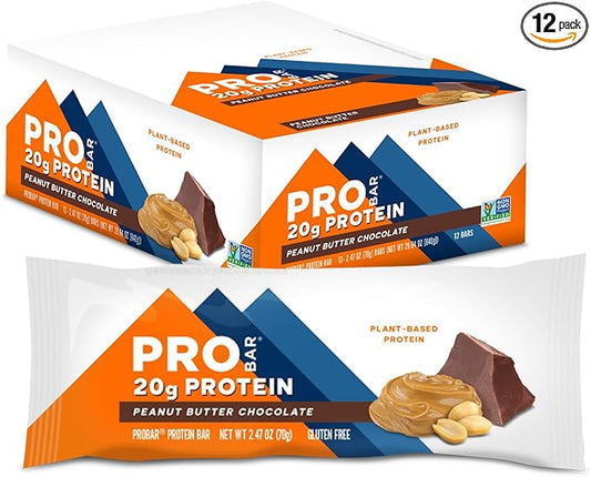 PROBAR - PROTEIN Bar, Peanut Butter Chocolate, Non-GMO, Gluten-Free, Healthy, Plant-Based, Whole-Food Ingredients, Natural Energy (12 Count)