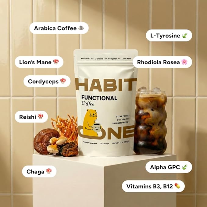 Jitters-free Mushroom Coffee Made in USA - Great Taste - Smooth Energy - No Bloating with Lion’s Mane, Cordyceps, Reishi, Chaga – Alpha-GPC & L-Tyrosine, B12 & B3 – 30 Servings