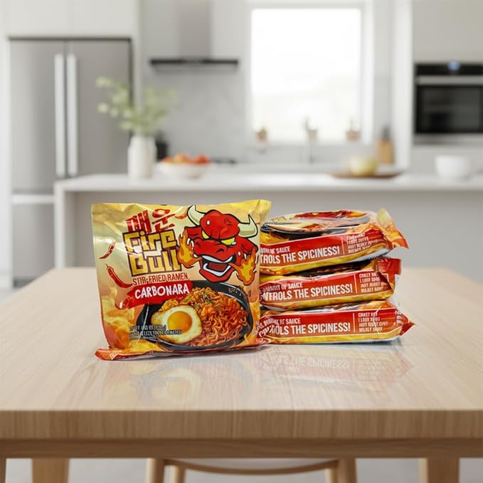 [Fire Bull Ramen] Intense Spicy Carbonara Stir-Fried Ramen | Authentic Korean Heat Meets Flavorful Delight | Thick, Chewy Noodle (1 Case, 32 Pouches)