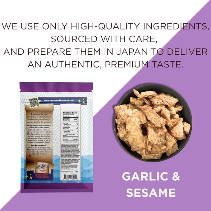 Crispy Tempura Fish Chips Garlic and Sesame Flavor 5.29oz (150g), Made in Japan by Swashbuckle Snacks