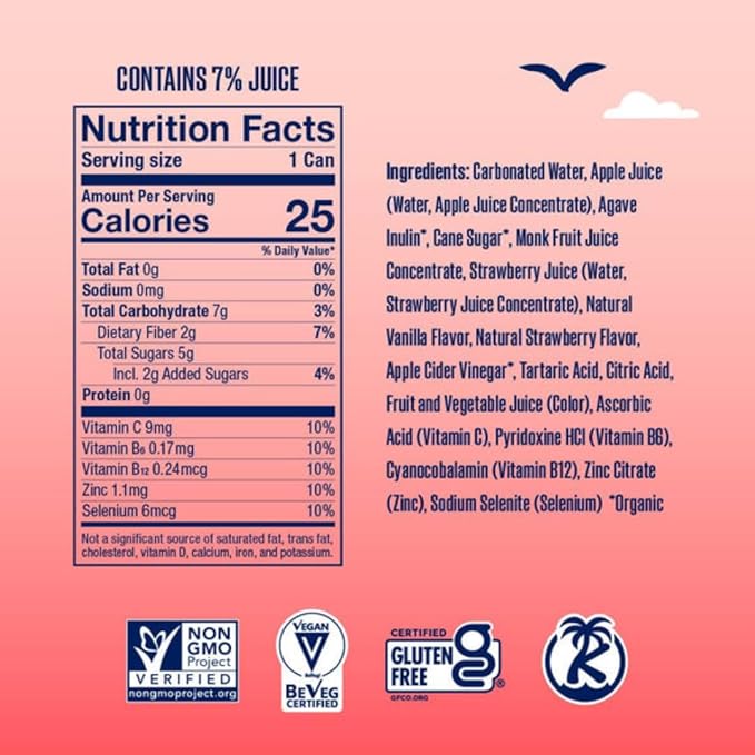 SunSip Prebiotic Soda With Benefits - Gut-Healthy Beverage with Vitamins and Minerals, 25 Calories, Soda Alternative, Naturally Sweetened with 5g of Sugar, 11.5 oz (12 Pack) Strawberry Vanilla