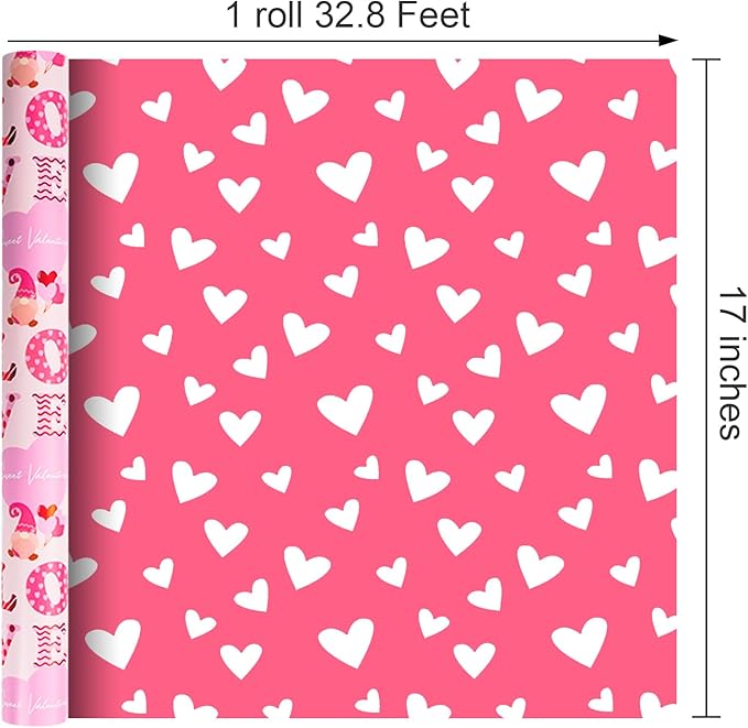 Homeral Pink Valentine's Day Wrapping Paper - Mini Roll - 17 Inch x 33 Feet - Goblin and LOVE Letters with Metallic Foil Shine & Heart Pattern Reversible Gift Wrap for Valentines Day Celebration