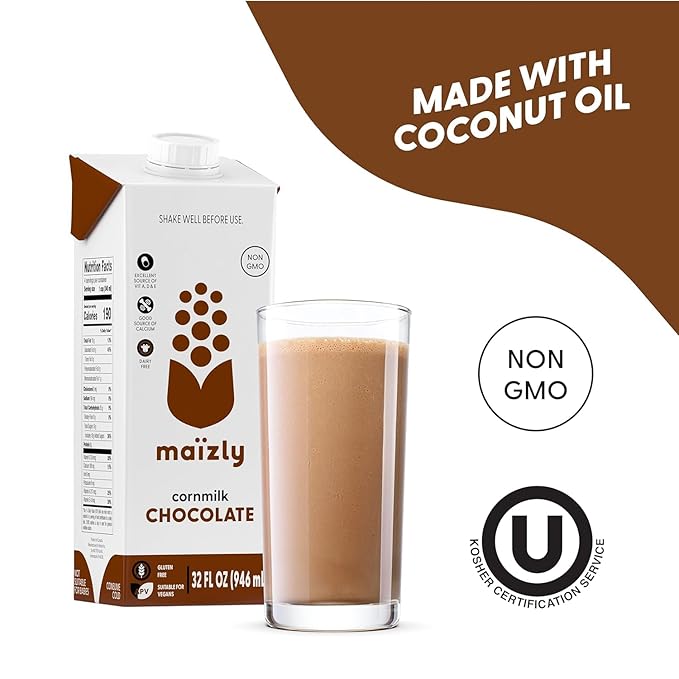 Maizly Chocolate Corn Milk 16 fl oz x 2 | Dairy‑Free, Gluten‑Free, Allergen‑Free Chocolate Milk Alternative Made From Non‑GMO Corn | Added Vitamins A, D, E & Calcium | Creamy Cocoa Flavor for Drinks & Recipes