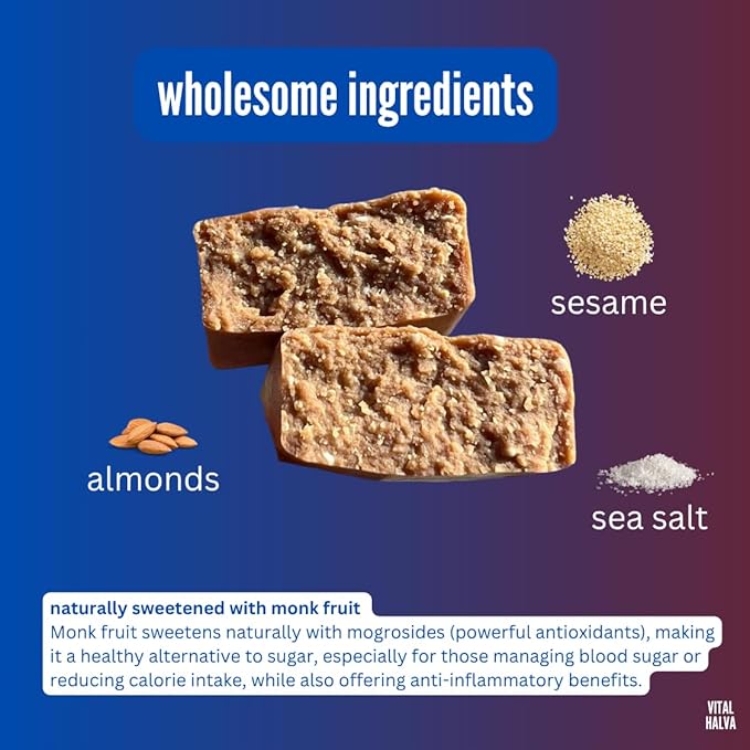 Vital Halva Vegan Sesame Snack Bar, Original, Gluten Free, Dairy Free, Soy Free, Low Sugar, No Added Sugar, 12G Protein, 19G Fiber, 6G Net Carbs, Breakfast, Travel, 10ct