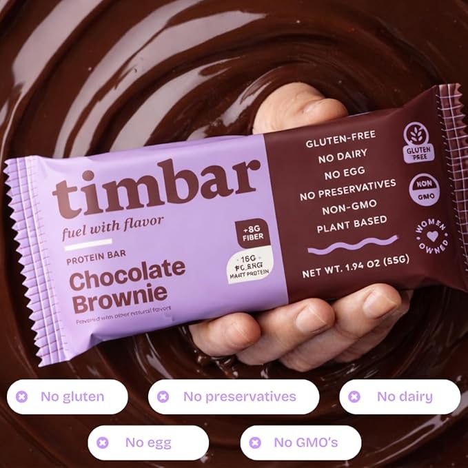 timbar Plant-Based Protein Bars, Chocolate Brownie | 14g Plant Protein, 8g Prebiotic Fiber | Gluten, Dairy & Egg Free, Non-GMO, No Sugar Alcohols (12 Pack)