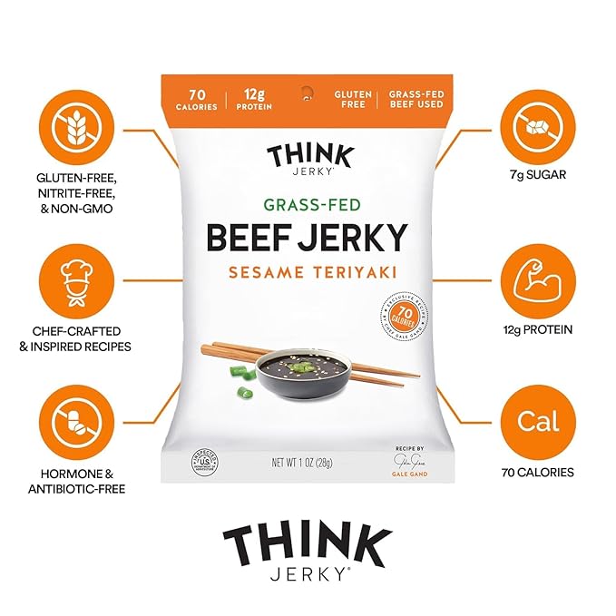 Think Jerky Sesame Teriyaki Beef Jerky, Grass-Fed High Protein Beef, Gluten Free, No Antibiotics or Nitrates, Healthy Chef Crafted Recipe, Low Calorie and Low Fat - 1.0 oz Bags, 12 Pack