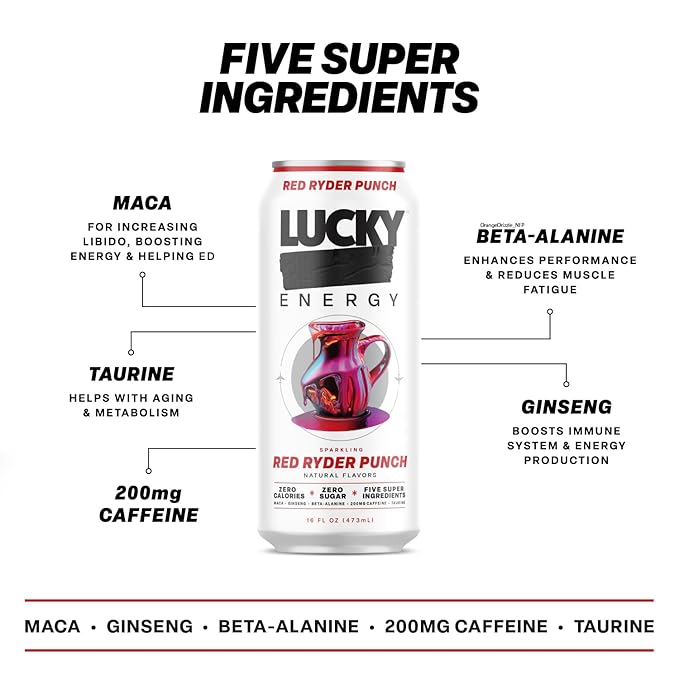 Lucky Energy Sugar Free Energy Drinks, Red Ryder Punch, 16oz Cans (12-Pack) Healthy, Zero Sugar Energy Drink with Maca, Ginseng, Beta-Alanine, Taurine & 200mg Caffeine