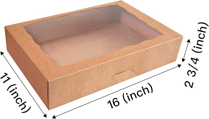 SOROO 15-PACK Pastry Bakery Box 16x11x2.75inch,Brown Large Donuts,Muffins,Cookies Boxes with PVC Window Auto-Pop up Paper Box Nature Cardboard Take Out Container,Hold 12 Donuts,Pack of 15
