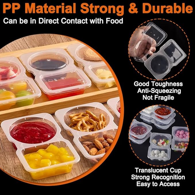 40 Sets Double Compartment Condiment Container, 2 Compartment Snack Containers, Disposable Food Containers with Lids for Sauce Snack, for Travel, Picnic