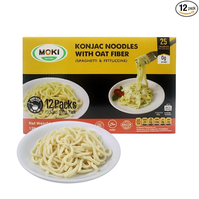 MOKI Since 2005 Konjac Shirataki Noodles with Oat Fiber, Gluten-Free, Keto&Paleo-Friendly, Vegan, Low Carb,Low Calorie Shirataki Pasta, Oat Flavor Spaghetti from Thailand (12 Packs, DWT. 3.53 oz Each)