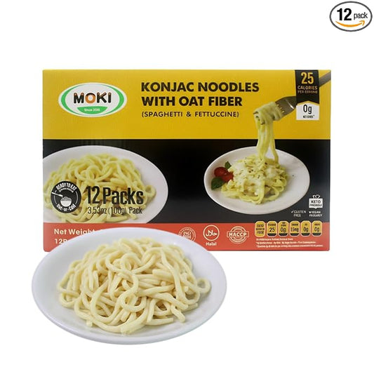 MOKI Since 2005 Konjac Shirataki Noodles with Oat Fiber, Gluten-Free, Keto&Paleo-Friendly, Vegan, Low Carb,Low Calorie Shirataki Pasta, Oat Flavor Spaghetti from Thailand (12 Packs, DWT. 3.53 oz Each)