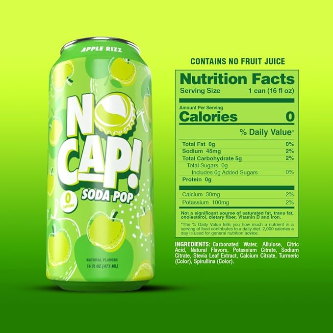 No Cap! Healthy Soda Alternative, Natural Allulose, Zero Sugar, Zero Calorie, Caffeine Free, | Hydrating Electolytes, Natural Flavors 16 oz. (Apple)