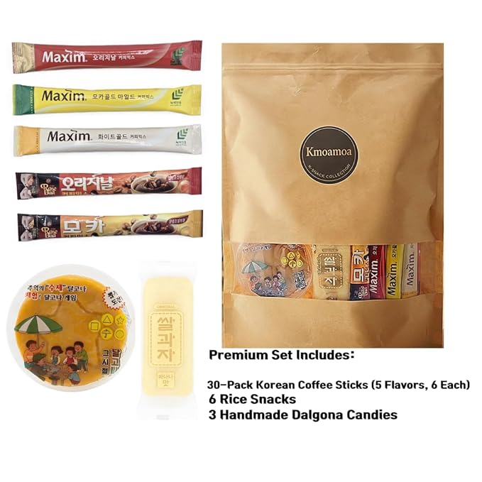 Korean Instant Coffee MIx Variety 30 Sticks With 3 Handmade Dalgona candies, 6 Rice snacks! 5 Different Flavors (6 Pack of Each / Maxim Original, Mocha Gold Mild, White Gold, Rosebud Mocha, Original Coffee Mix)