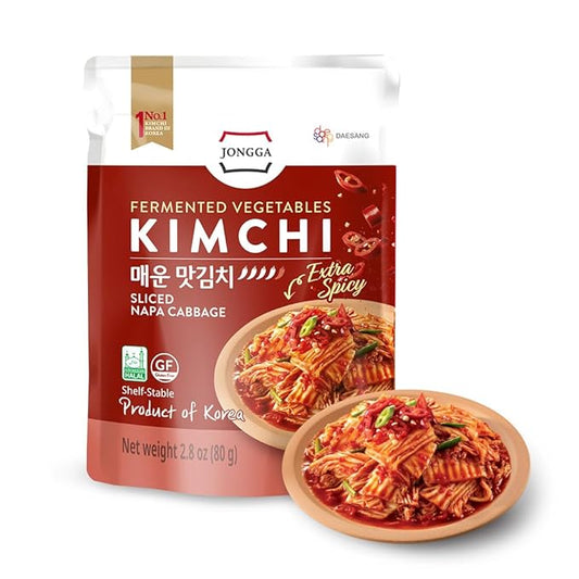 Spicy Premium Fermented Kimchi Napa Cabbage [ MINI Pouch Pack of 8] - [Extra Spicy] - (Gluten Free) | 0 Fat/ 0 Sugar/ 0 Cholesterol | Kimchi | Long Shelf Life | Perfect for Ramen & Stir-Fries - JONGGA
