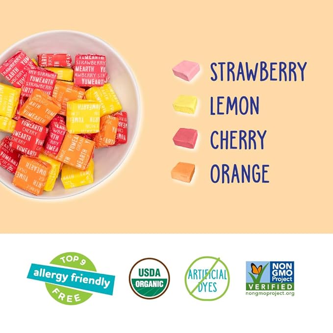 YumEarth Organic Chewys Fruit Flavored Candy Chews - Allergy Friendly, Gluten Free, Non-GMO, Vegan, No Artificial Dyes - Assorted Flavors, 7.5 oz.