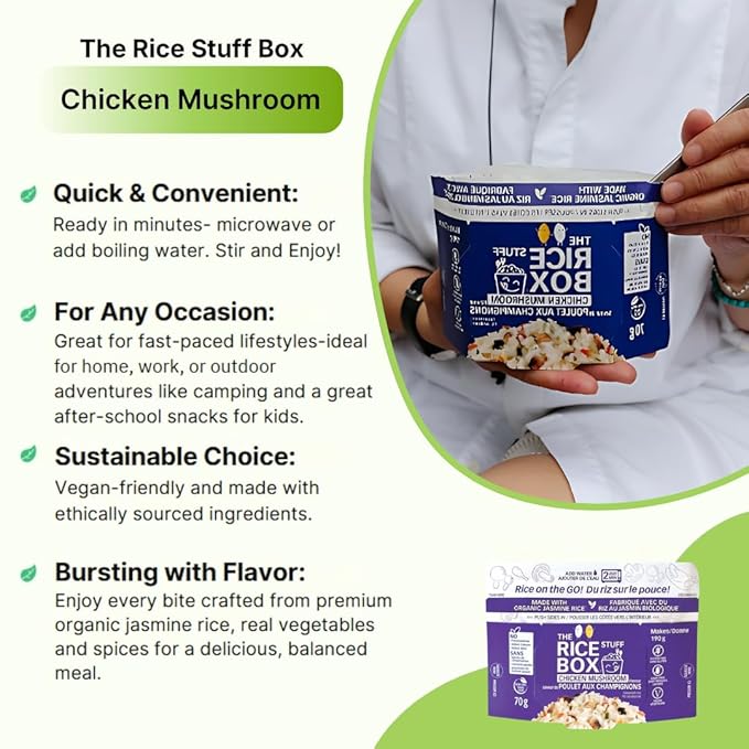 The Rice Stuff Box - Chicken Mushroom Instant Rice Meals, 6-Pack, Organic Jasmine Rice, NON-GMO, Gluten-Free, Vegan, Dairy-Free (Pack of 6)