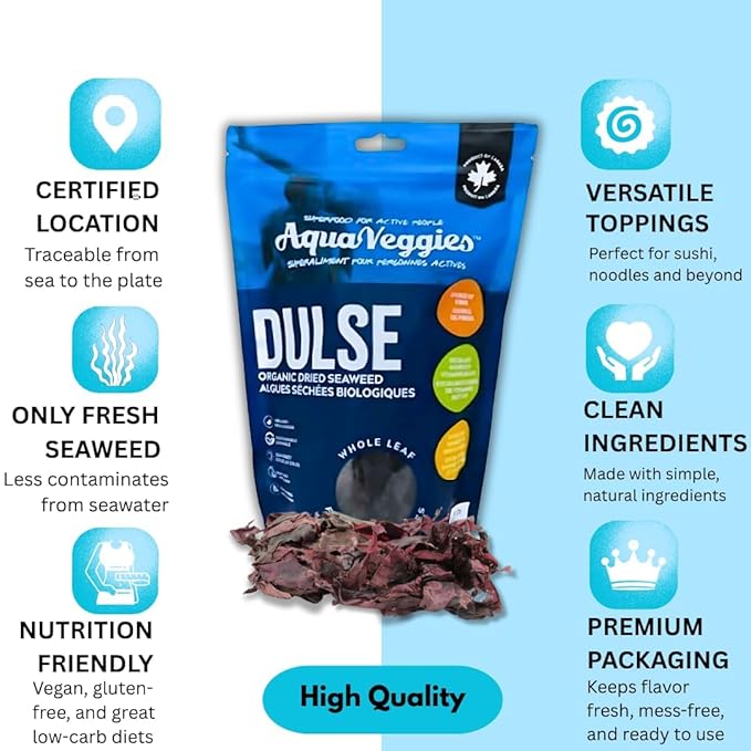 Aqua Veggies Organic Atlantic Dulse Whole Leaf – Hand-Harvested & Sun-Dried from Bay of Fundy – Rich in Iodine, B6, B12, Iron, Protein, Calcium & Magnesium – Vegan Superfood (3.5 Ounce (Pack of 3))