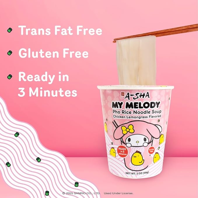 A-SHA My Melody Pho Cup Rice Noodle (6 Cups), Chicken Lemongrass Flavor, Vegetarian, Gluten-Free, Premium Microwavable Rice Noodle Soup, No MSG, Authentic Flavor