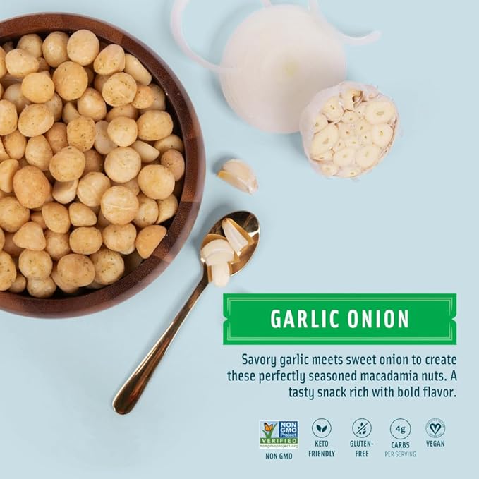 Mauna Loa Garlic Onion Roasted Macadamia Nuts, 12 Pack of 1 oz Single Serve Snack Bags, Keto Friendly, Gluten Free, Savory Healthy Snack