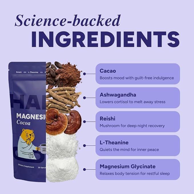 HABIT ONE Nighttime Mushroom Cocoa with Magnesium Glycinate, Ashwagandha & Reishi - Adaptogens Blend - Zinc, L-Theanine, L-Glycine, Chamomile, Jujube & Cinnamon - Made in USA - 30 Servings