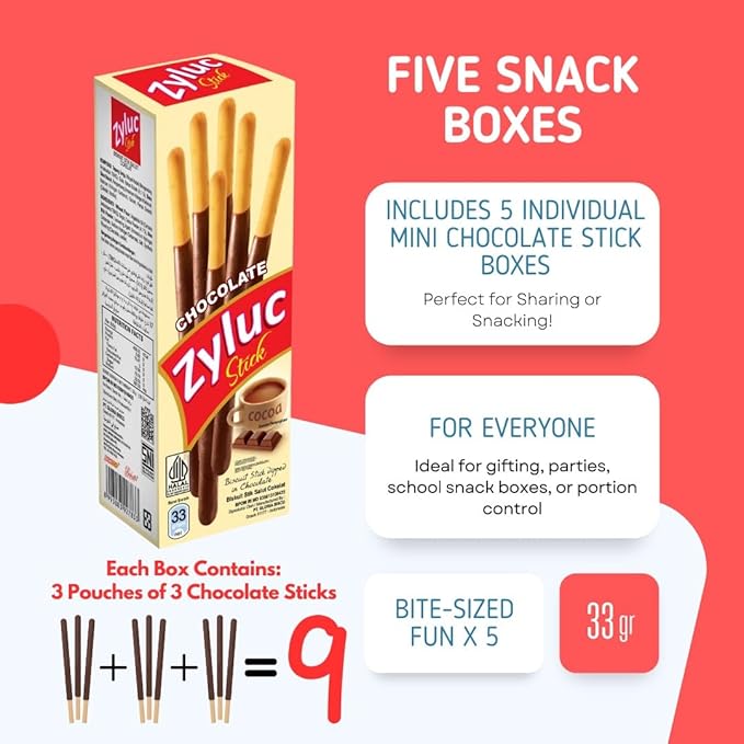 Zyluc Chocolate Biscuit Sticks – Cocoa-Dipped Crunchy Snack with Chocolate Flavor – Non-GMO Ingredients – 33g Pack, Halal Certified, No Trans Fat, Crispy Asian Treat – On-the-Go Sweet Snack, Pack of 5