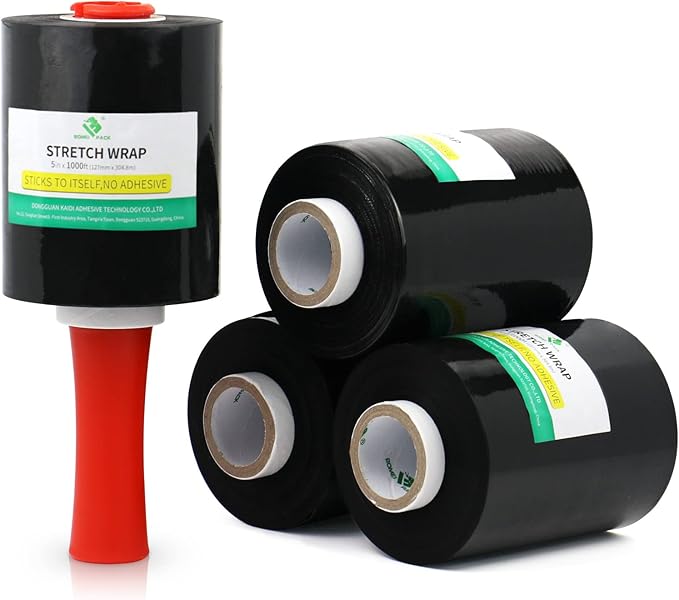 BOMEI PACK Mini Black Industrial Stretch Wrap Film 5" x 1000ft Roll with Handle, 80 Gauge Thick Cling Plastic Wrap for Moving, Pallet Wrap - Self Adhering Packaging Heavy Duty Shrink Film, 4 Pack