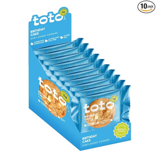Toto Vegan Cookies, Birthday Cake Cookie, High Fiber Snacks, Gluten Free Cookies, Plant Based Snacks with Superfoods & Adaptogens, 8gr Protein Cookies, Pack of 10 Individually Wrapped Cookies