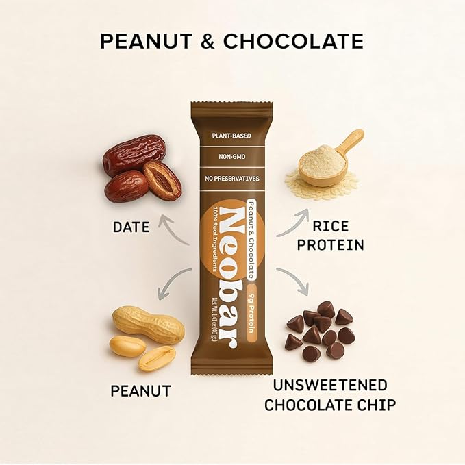 NEOBAR Fruit and Nut Bars - Plant-Based Vegan Snack Bars, Gluten Free Dairy Free Snacks, No Preservatives, No Refined Sugars Added, Non-GMO | Peanut & Chocolate, 9g Protein,12 Count