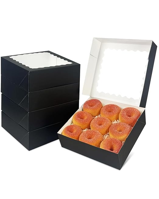 qiqee 8x8x2.5 Inch Black Pastry Box With Window Donut Pie Boxes 12pcs Bakery Box (Auto-pop Up)
