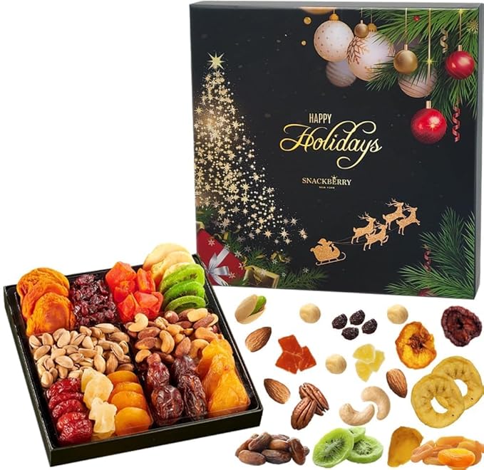 2-Pack Christmas Dried Fruit & Nuts Gift Basket Arrangement Platter, Gourmet Food Snack Box, Healthy Kosher (Style 2)
