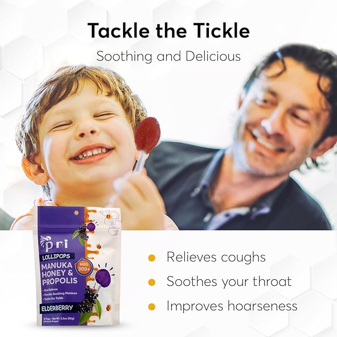 P.R.I Manuka Honey Lollipops with Propolis, Certified MGO 300+ – Throat Soothing, Elderberry Flavor, (24 Lollipops, 6.4oz)