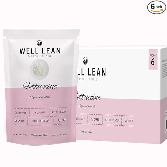 Well Lean Organic Fettuccine, 6-Pack Premium Shirataki Konjac Pasta, USDA Organic, 100% Plant Based, Keto Friendly, Zero Net Carb, Non-GMO, Ready to Eat, Low Calorie, Gluten Free, Vegan, Diet