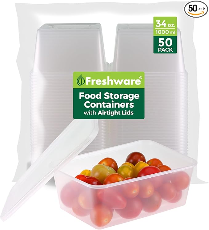 Freshware Food Storage Containers [50 Set] 34 oz Plastic Deli Containers with Lids, Slime, Soup, Meal Prep Containers, BPA Free, Stackable, Leakproof, Microwave, Dishwasher and Freezer Safe