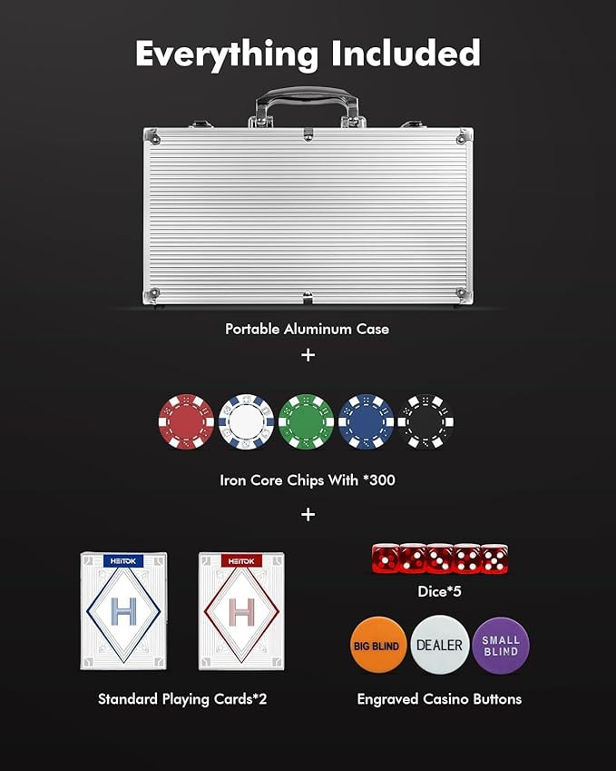 HEITOK Texas Hold'em Poker Chip Set 200-pcs with Aluminum Carrying Case & Professional Weight Chips Plus 5 Poker Dice Waterproof
