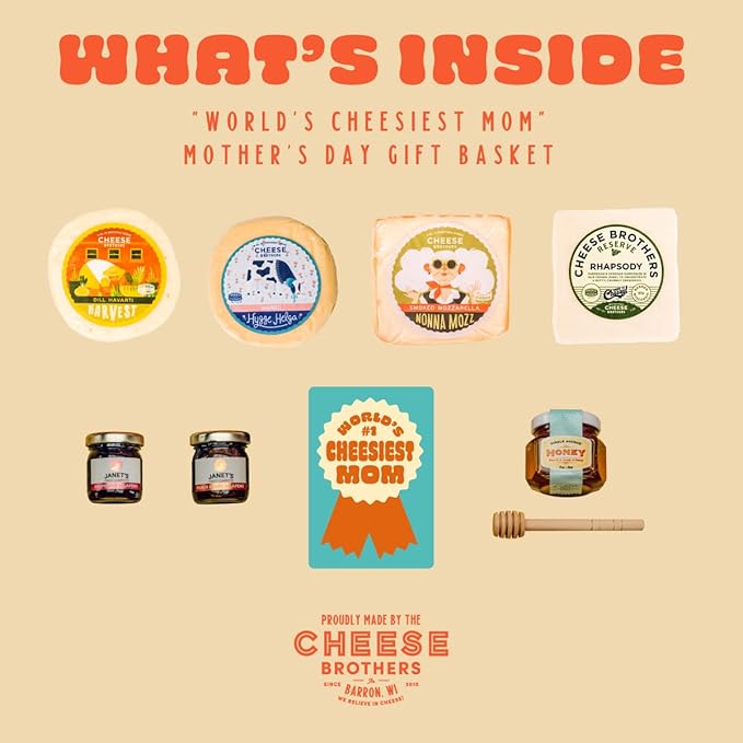 Cheese Bros. "World's Cheesiest Mom" Gift Box | Fresh from Wisconsin | Includes Mozzarella, Dill Havarti, Yodel, Adelheid, Jam and Honey | Unique Birthday and Mother's Day Gifting Idea