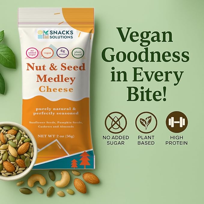 Snacks Solutions Nut and Seed Medley (2 oz - Pack of 8, Cheese) Natural, Gluten Free and Perfectly Seasoned, Sunflower Seeds, Pumpkin seeds, Cashews and Almonds
