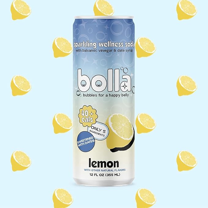 Lemon Sparkling Wellness Soda · Naturally sweetened with dates · Crafted with balsamic vinegar · 5 simple ingredients · Low calorie · Antioxidant-rich · No added sugar 12 pack