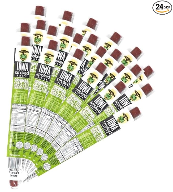 Original - Iowa Smoked Recipe, Sogo Snacks, Sugar Free Beef Jerky, Non-GMO Grass Fed Beef Sticks. No Nitrates, Gluten, Soy, MSG, Dairy, or Nuts. Paleo, Whole30, & Keto Snack (Original-ISR, 24 Cnt)