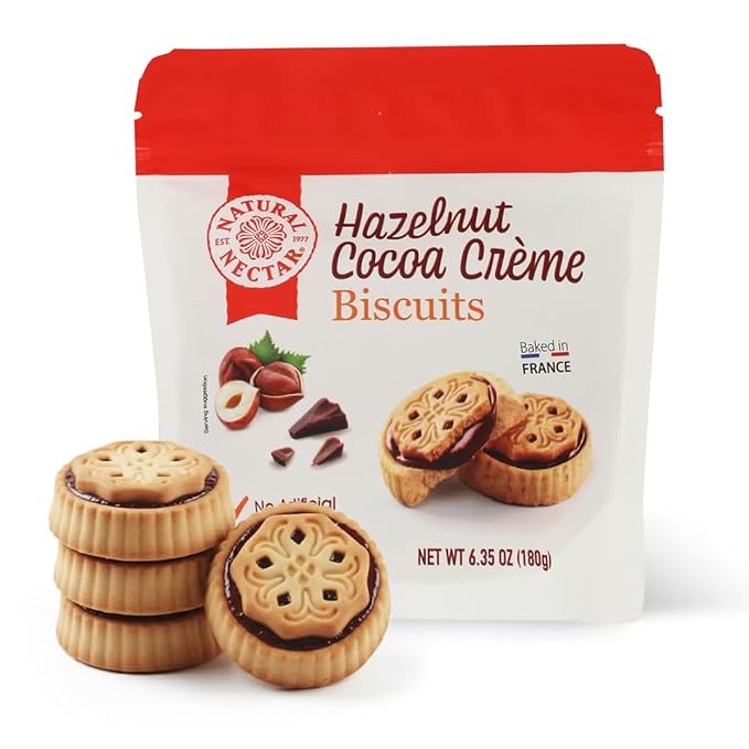 Natural Nectar Hazelnut Cocoa Crème Biscuits 6.35 oz – Sandwich Biscuits Filled with Smooth Hazelnut Cocoa Cream; Snack Cookies for Coffee Breaks & Dessert