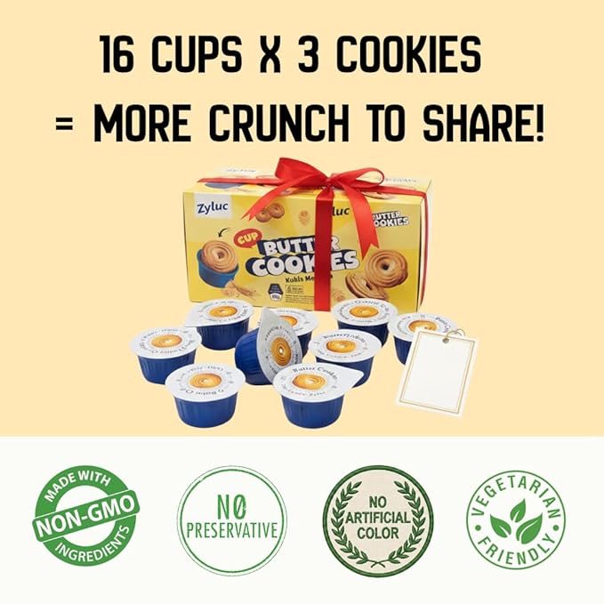 Zyluc Butter Cookies – 16 Single-Serve Snack Cups (3 Cookies Each) | Cup-Packed, Fresh & Crispy, Mess-Free Family Snack for Kids, Lunchboxes, Office, Travel & Sharing (400g)