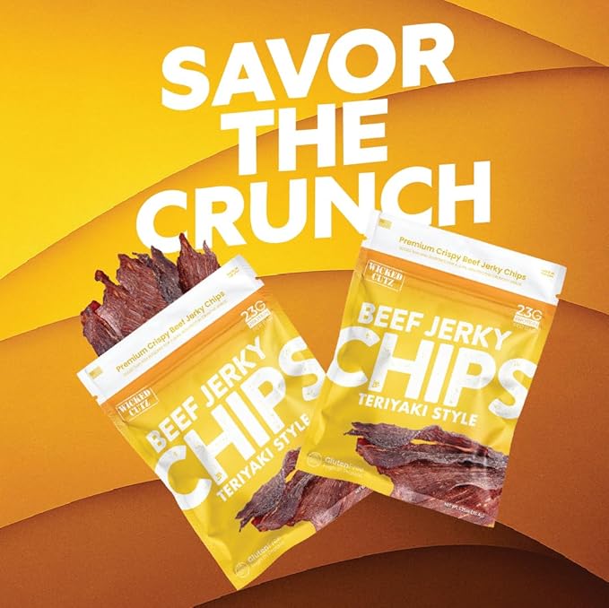 Wicked Cutz Teriyaki Beef Jerky Chips, 14g Protein per Bag, Crispy & Crunchy Beef Jerky Crisps, USA Made Flavored Chips, High Protein Snacks (2 Bags)