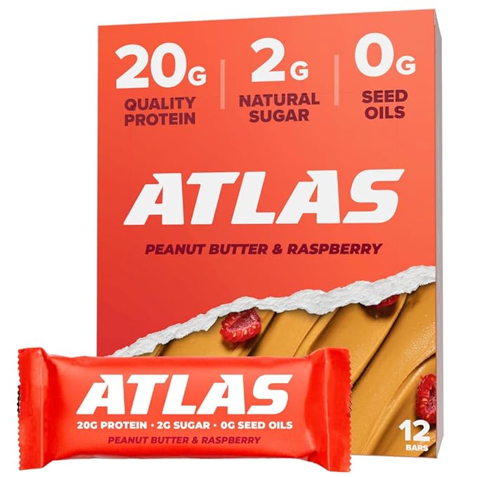 Atlas Real Food Protein Bar – 20g Clean Protein, 2g Sugar, No Seed Oils, No Artificial Sweeteners (Peanut Butter Raspberry, 12 Count)