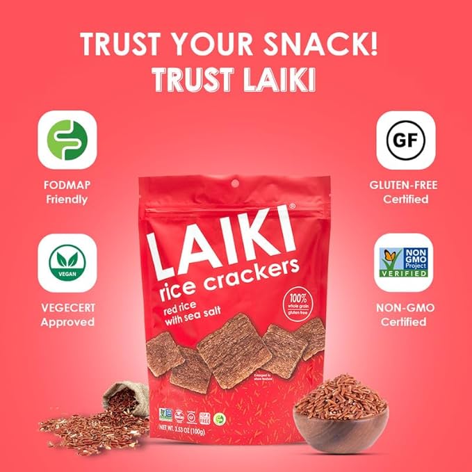 LAIKI Gluten Free Rice Crackers, Red Rice, Resealable 3.53 Ounce Bag