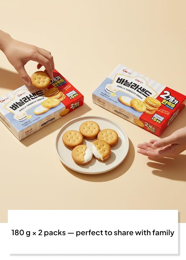 Korean Food CW Vanilla Sandwich Cookies, Sweet Vanilla Cream Biscuits, 1+1 Family Pack (6 Packs x 2, 12 Packs Total, 360g / 12.7 oz Total), Crispy Korean Snack