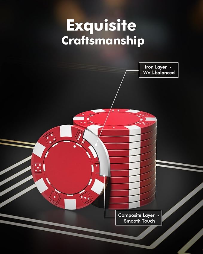 HEITOK Texas Hold'em Poker Chip Set 200-pcs with Aluminum Carrying Case & Professional Weight Chips Plus 5 Poker Dice Waterproof