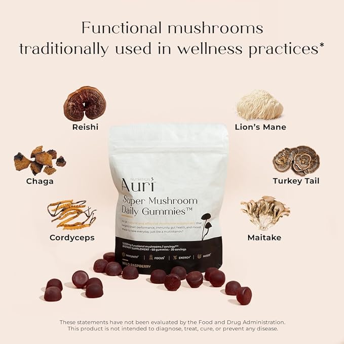 Auri Super Mushroom Daily Gummies – All-in-One Functional Gummy with 12 Mushroom Blend Including Lion’s Mane, Reishi, Chaga & Cordyceps – 60 Gummies