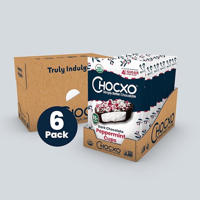 Chocxo Dark Chocolate Peppermint Cups - Lower Sugar Christmas Candy, 85% Organic Cacao, NonGMO, Keto, Gluten Free, Kosher. No Artificial Sweeteners/Sugar Alcohols, 3.45 oz (Pack of 6)
