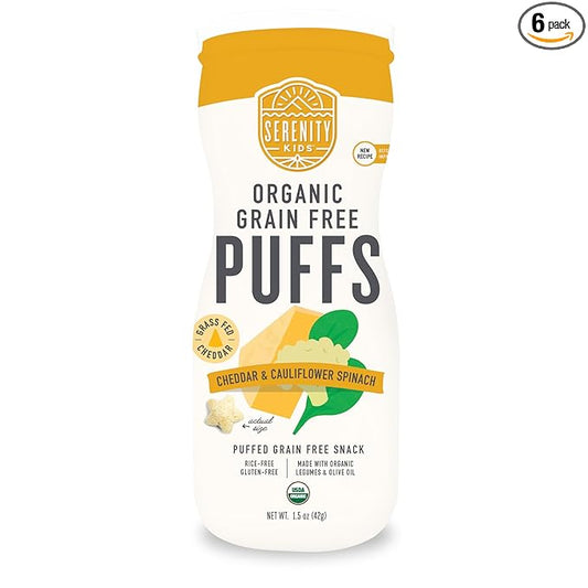 Serenity Kids 6+ Months Baby Puffs - Pack of 6, 1.5 oz, Cheddar & Cauliflower Spinach - USDA Organic Grain Free Toddler Food - Nut, Rice & Gluten Free Baby Snacks with Veggies, Legumes & Olive Oil