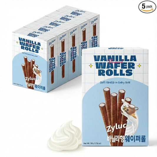 Zyluc Vanilla Wafer Rolls – Crispy Cream-Filled Cookies, Vanilla-Flavored Snack, Portion-Controlled 200 Cal Treat, No Cholesterol or Trans Fat, Premium Dessert Pack, 50g x 5 Boxes